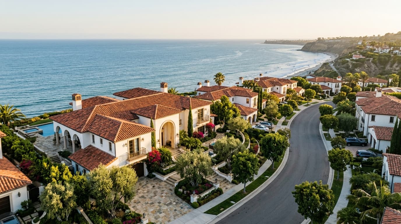 Quiet residential street in the Harbor Estates neighborhood of San Clemente with Spanish-style homes