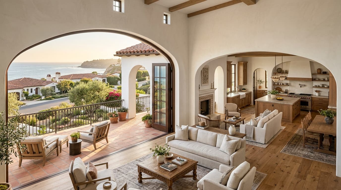 Spacious open living area and floor plan of a 4,965 square foot Spanish-style estate in San Clemente