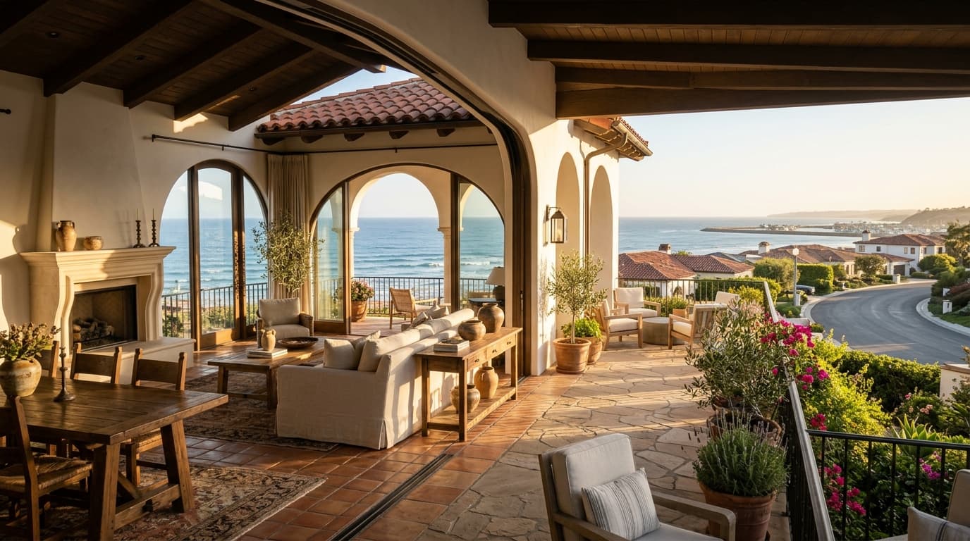 Sunlit living space with Spanish architecture and coastal light at a San Clemente estate