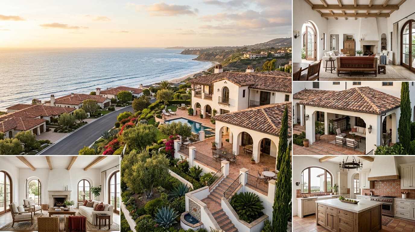 Clay tile roof and arched Spanish architecture of a coastal estate in Harbor Estates, San Clemente